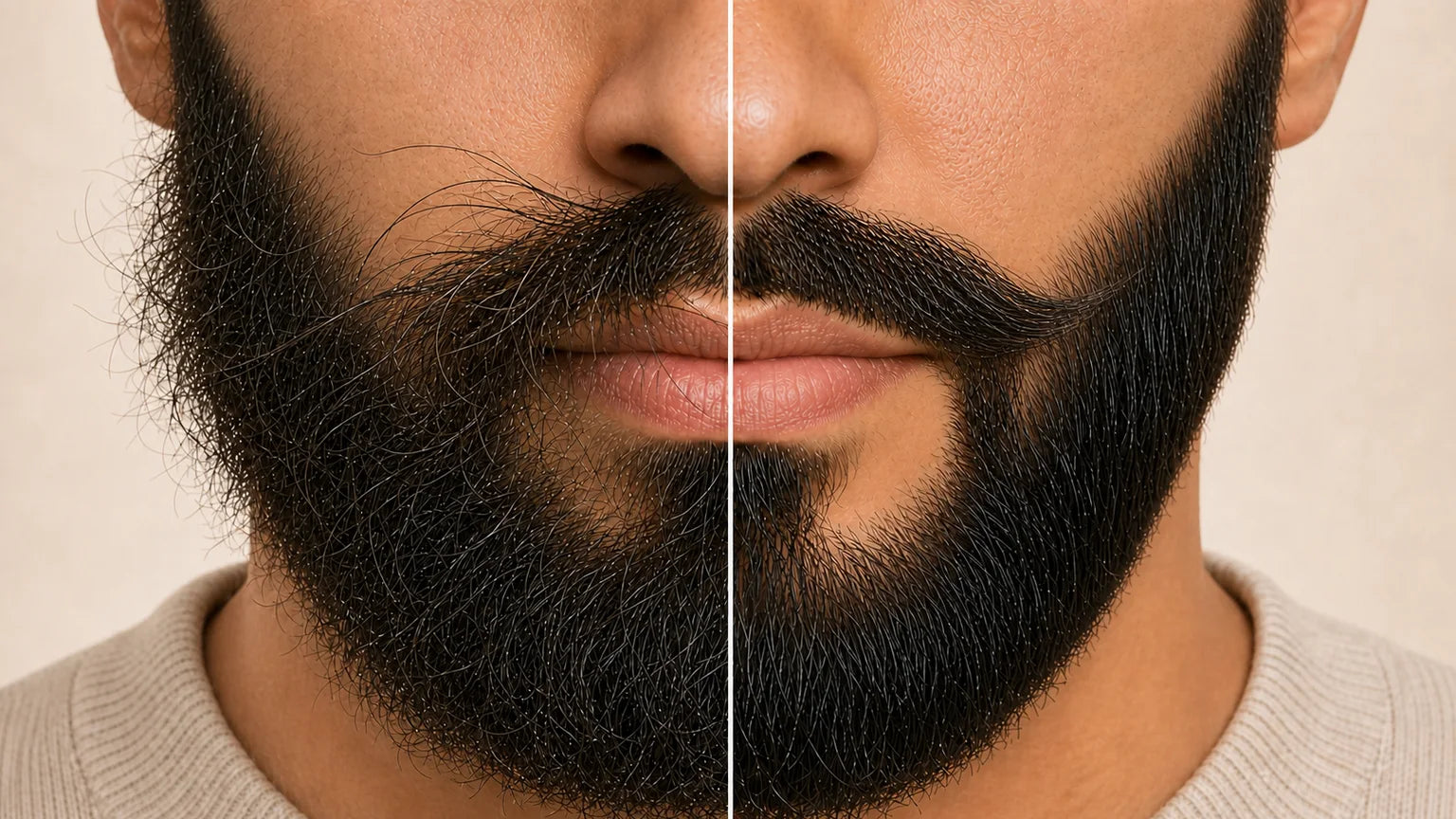 Illustrated split comparison: an unruly moustache with flyaways on one side and a longer, defined, controlled moustache on the other