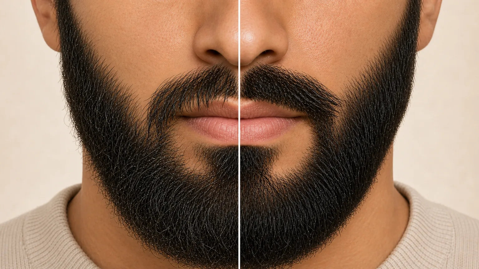 Illustrated split comparison: the moustache looks thin where existing hairs are clumped on one side and fuller-looking where the same hairs are distributed and groomed on the other