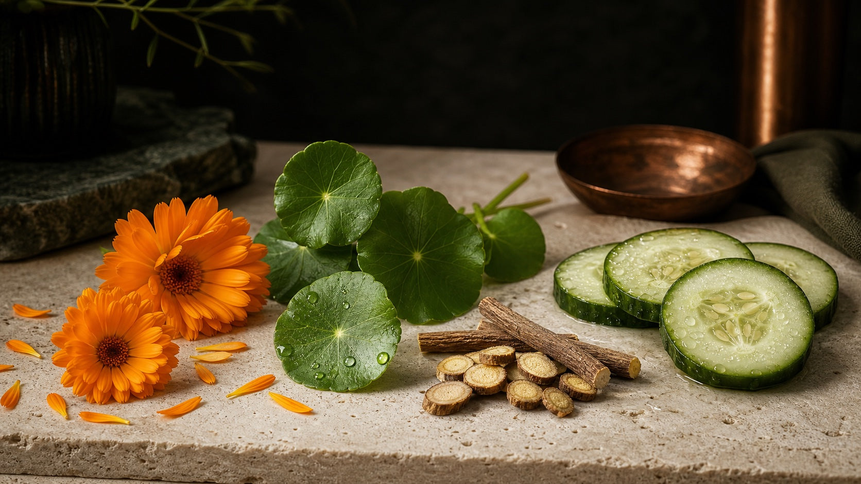 Calendula, centella, cucumber, and licorice root on warm stone