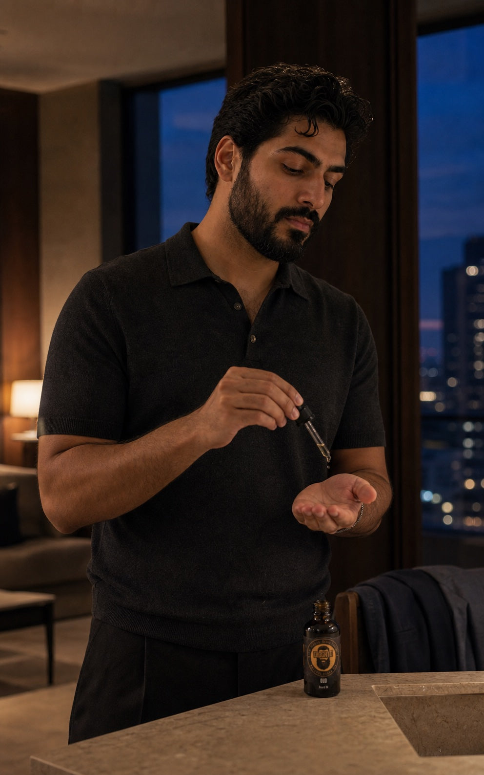 A man dispensing Oud Arabian Beard Oil before an evening out